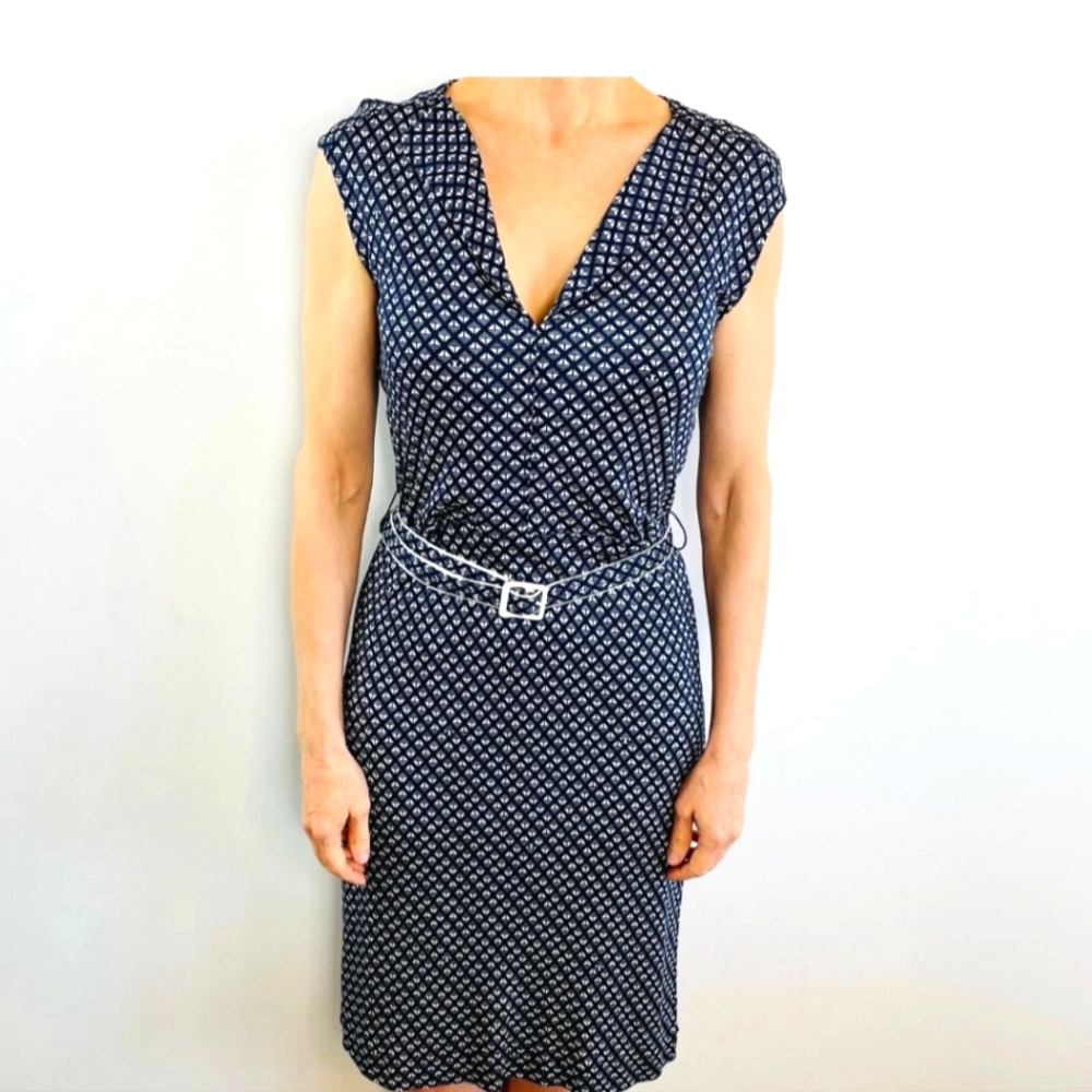 Tory Burch Sz M Navy Blue & White Geometric Print Belted Dress Designer